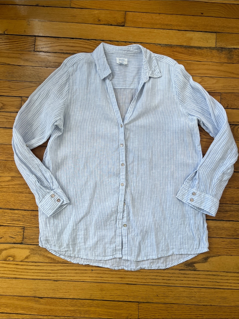 Sigrid Olsen Light Blue Striped Linen Button-Down Shirt Large
